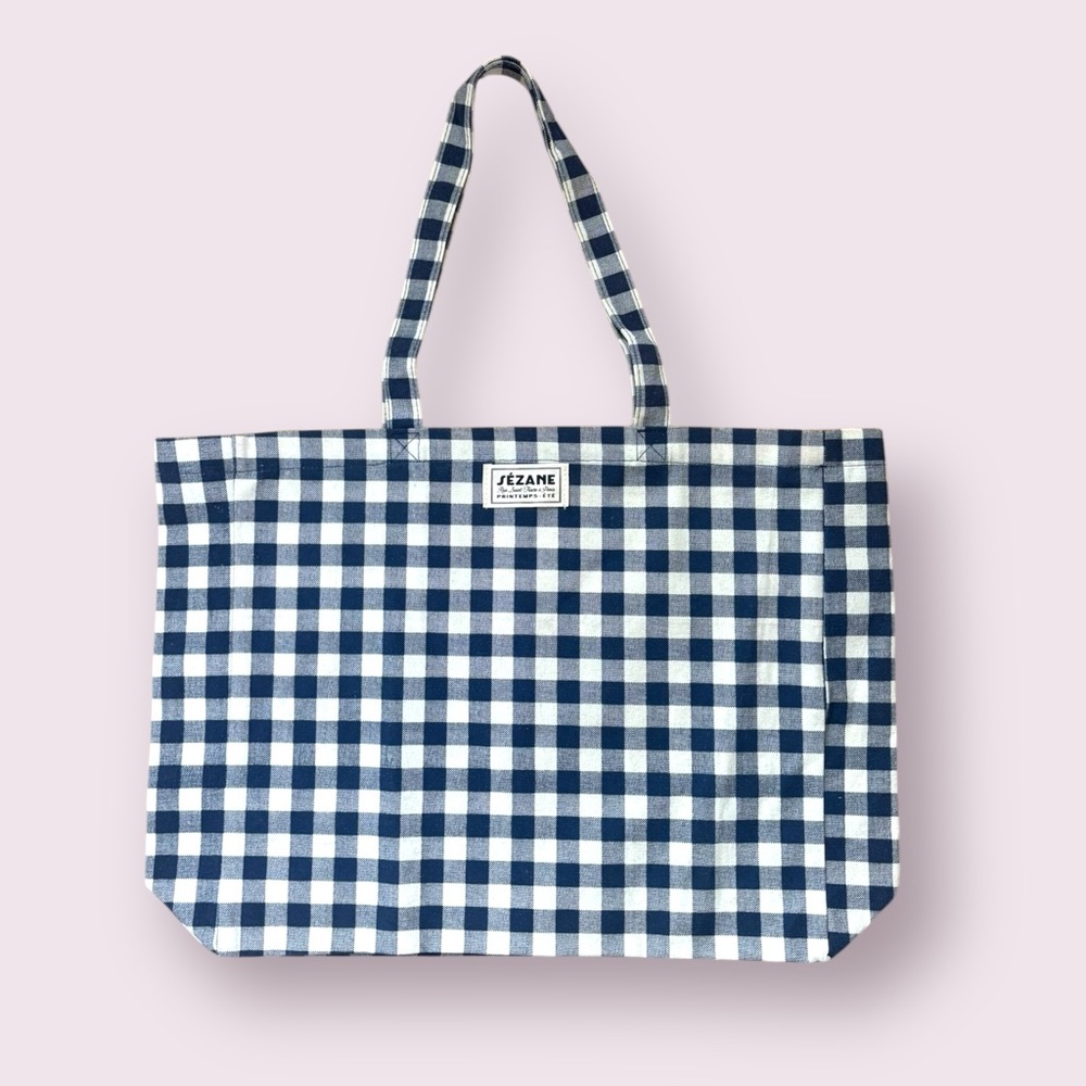✨New✨ Sezane Navy Blue and Cream Checkered Tote Bag